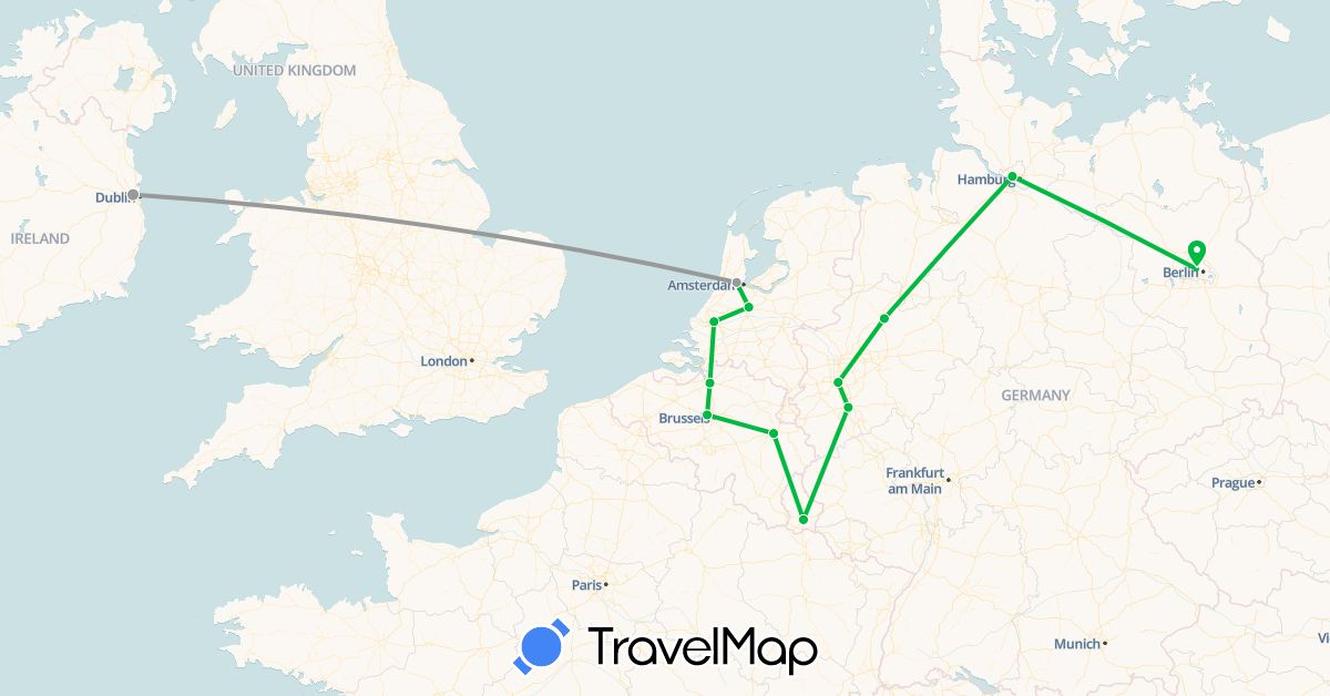 TravelMap itinerary: driving, bus, plane in Belgium, Germany, Ireland, Luxembourg, Netherlands (Europe)