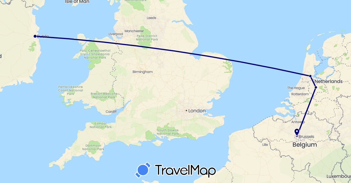 TravelMap itinerary: driving in Belgium, Ireland, Netherlands (Europe)