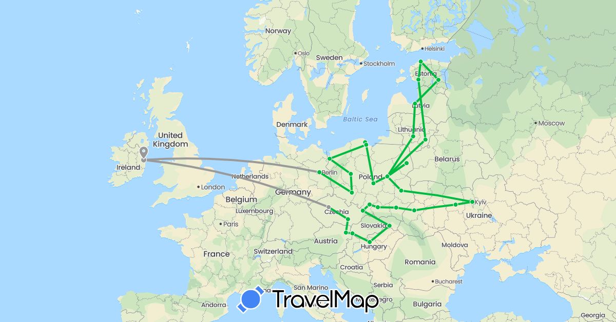 TravelMap itinerary: driving, bus, plane in Austria, Czech Republic, Germany, Estonia, Hungary, Ireland, Lithuania, Latvia, Poland, Slovakia, Ukraine (Europe)