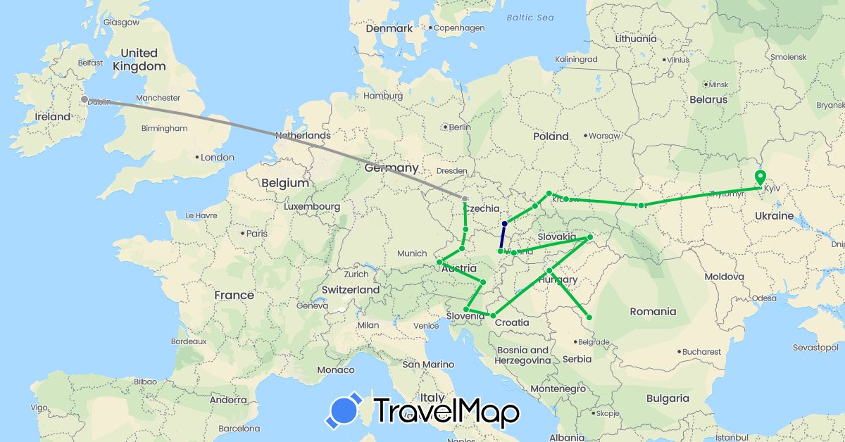 TravelMap itinerary: driving, bus, plane in Austria, Czech Republic, Croatia, Hungary, Ireland, Poland, Romania, Slovenia, Slovakia, Ukraine (Europe)
