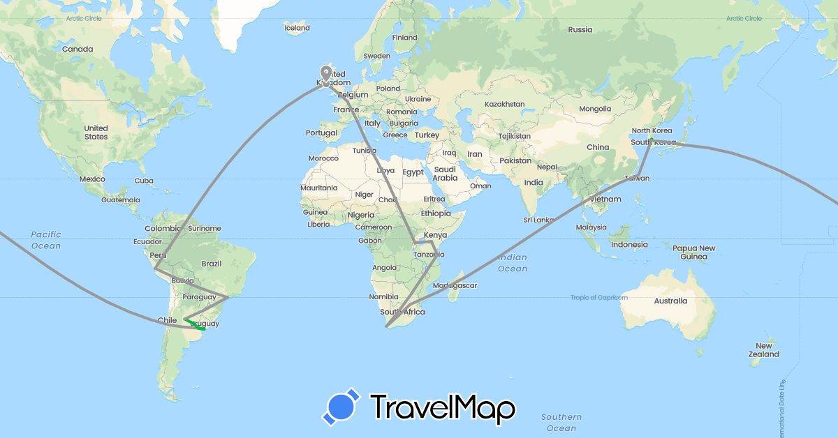 TravelMap itinerary: driving, bus, plane in Argentina, Brazil, Chile, France, Hong Kong, Ireland, Japan, Kenya, South Korea, Peru, Rwanda, Tunisia, Taiwan, Tanzania, Uruguay, South Africa (Africa, Asia, Europe, South America)