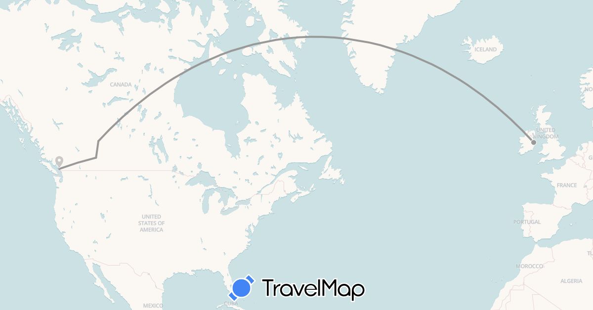 TravelMap itinerary: driving, plane in Canada, Ireland (Europe, North America)