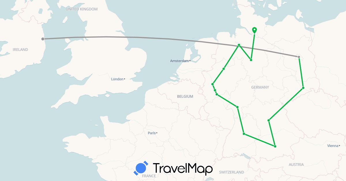 TravelMap itinerary: driving, bus, plane in Germany, Ireland (Europe)
