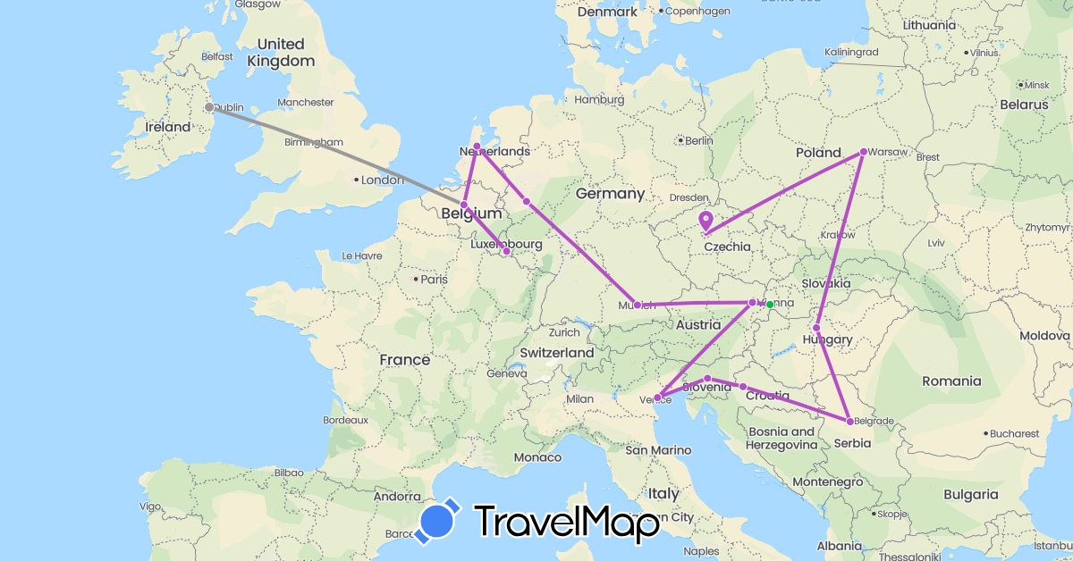 TravelMap itinerary: driving, bus, plane, train in Austria, Belgium, Czech Republic, Germany, Croatia, Hungary, Ireland, Italy, Luxembourg, Netherlands, Poland, Serbia, Slovenia, Slovakia (Europe)